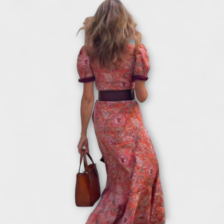 Elegantna Roza Maxi Haljina s Kratkim Rukavima