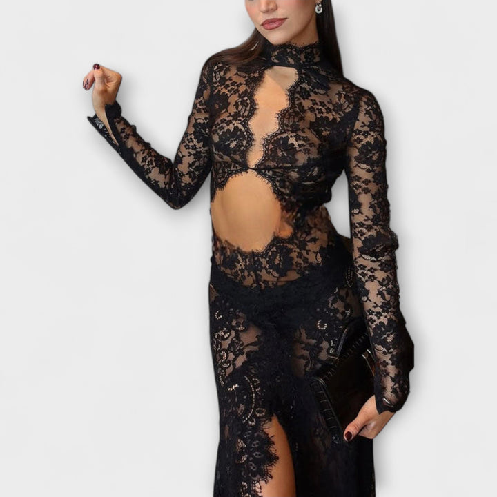 Azalee - Midnight Elegance Transparentni Izrezani Dugi Rukav Stretch Maxikleid