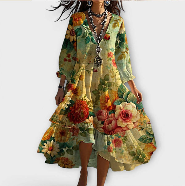 Marina - Vintage Boho cvjetni uzorak V-izrez haljina