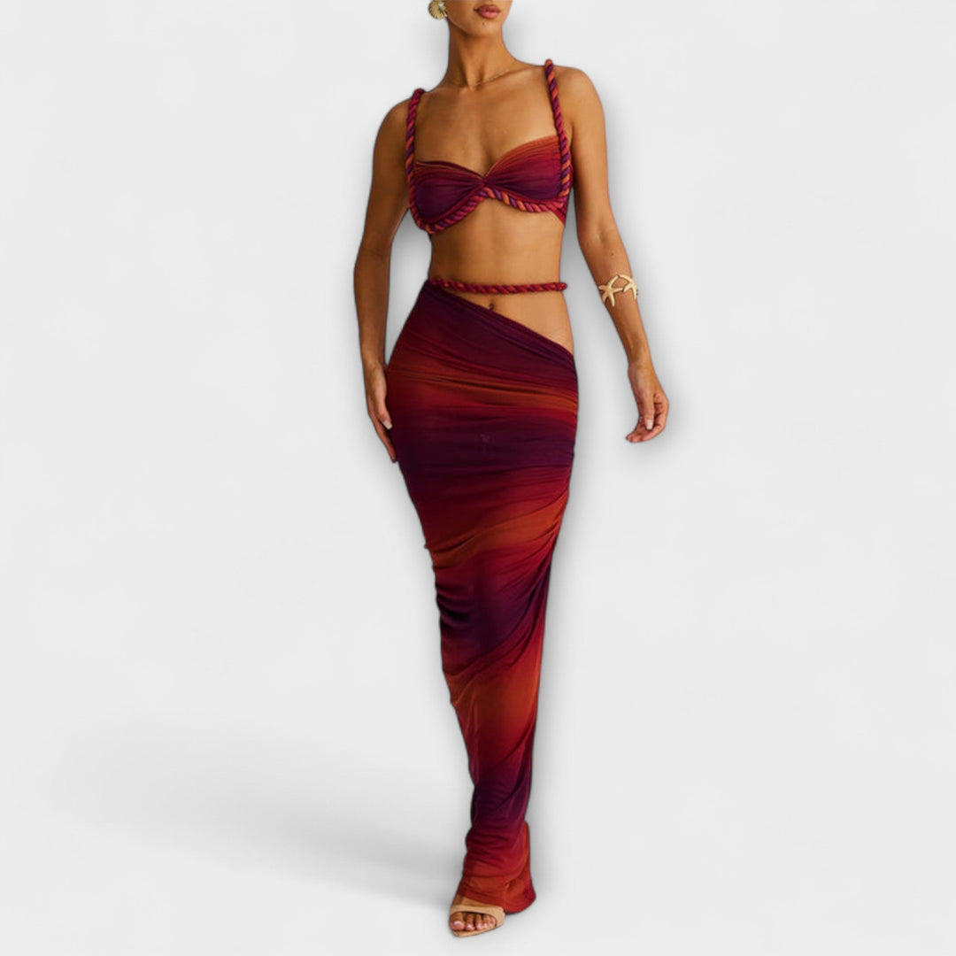 Jane - Šik Gradient Pleteni Crop Top &amp; Overskirt Duo