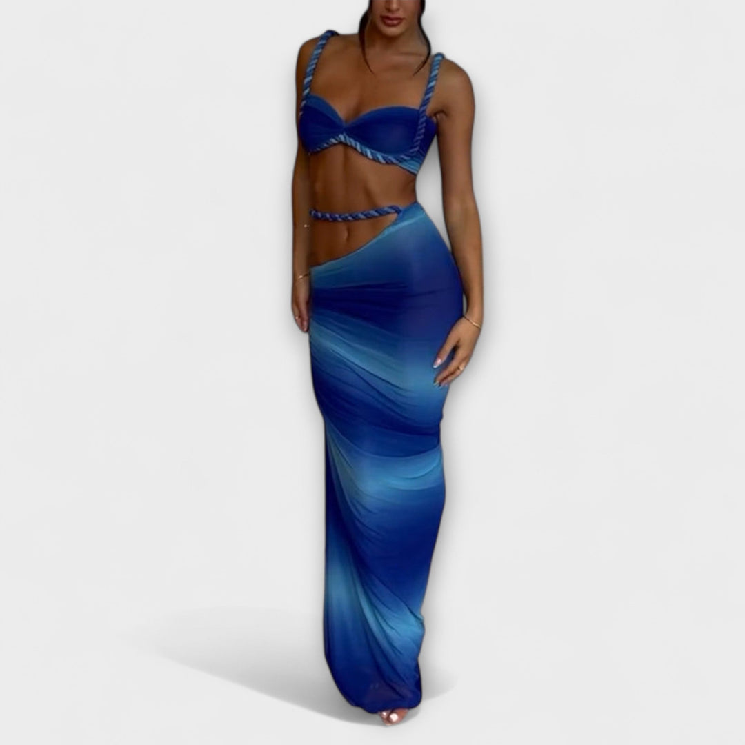 Jane - Šik Gradient Pleteni Crop Top &amp; Overskirt Duo