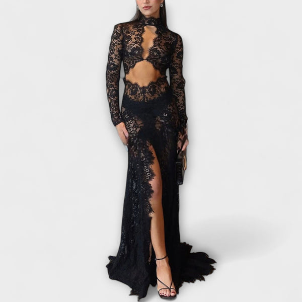Azalee - Midnight Elegance Transparentni Izrezani Dugi Rukav Stretch Maxikleid